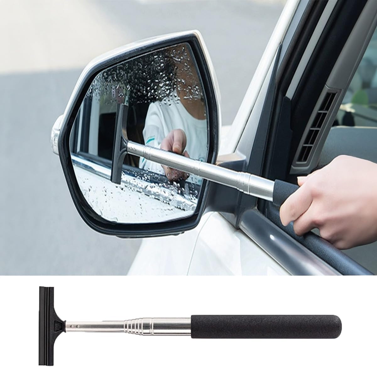 Car Rearview Mirror Wiper, Telescopic Auto Mirror Squeegee Cleaner, Glass Mist Cleaning Tool with Retractable 98Cm Handle, Portable Car Windows Water Removal (Black)