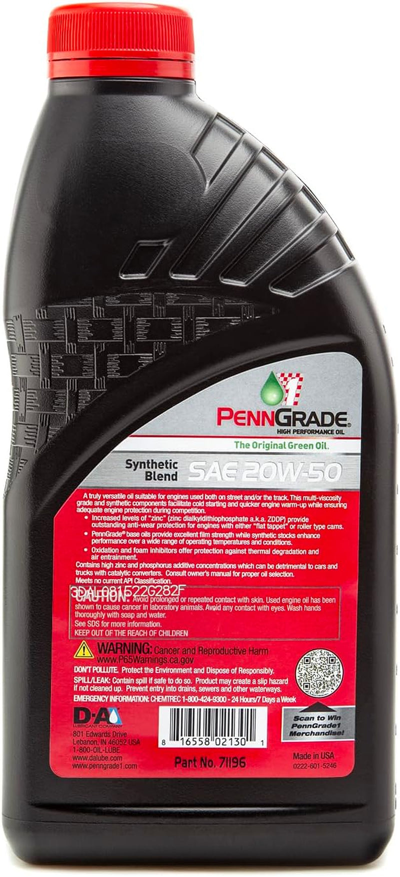 , 71196, Synthetic Blend High Performance Oil SAE 20W-50, 1 Quart (6 Pack)