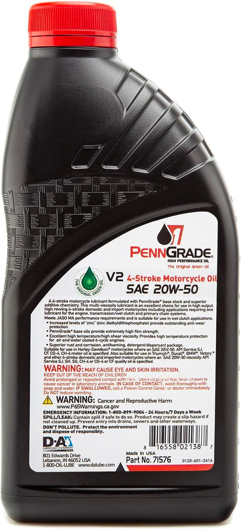 , 71576, V2 4-Stroke Motorcycle Oil SAE 20W-50, 1 Quart (6 Pack)