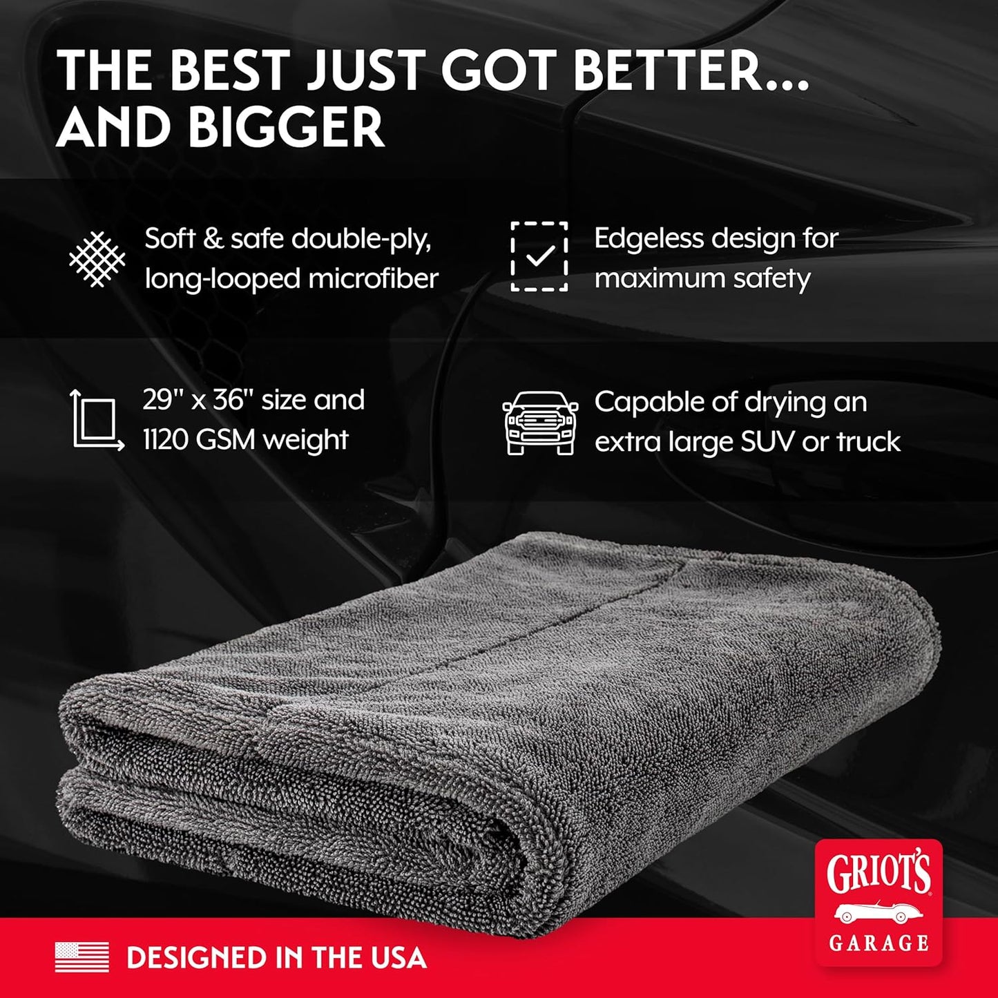 Extra-Large PFM Edgeless Microfiber Drying Towel for Car Wash and Detailing, Ideal for Suvs, Trucks, and Rvs, 29" X 36", 55596
