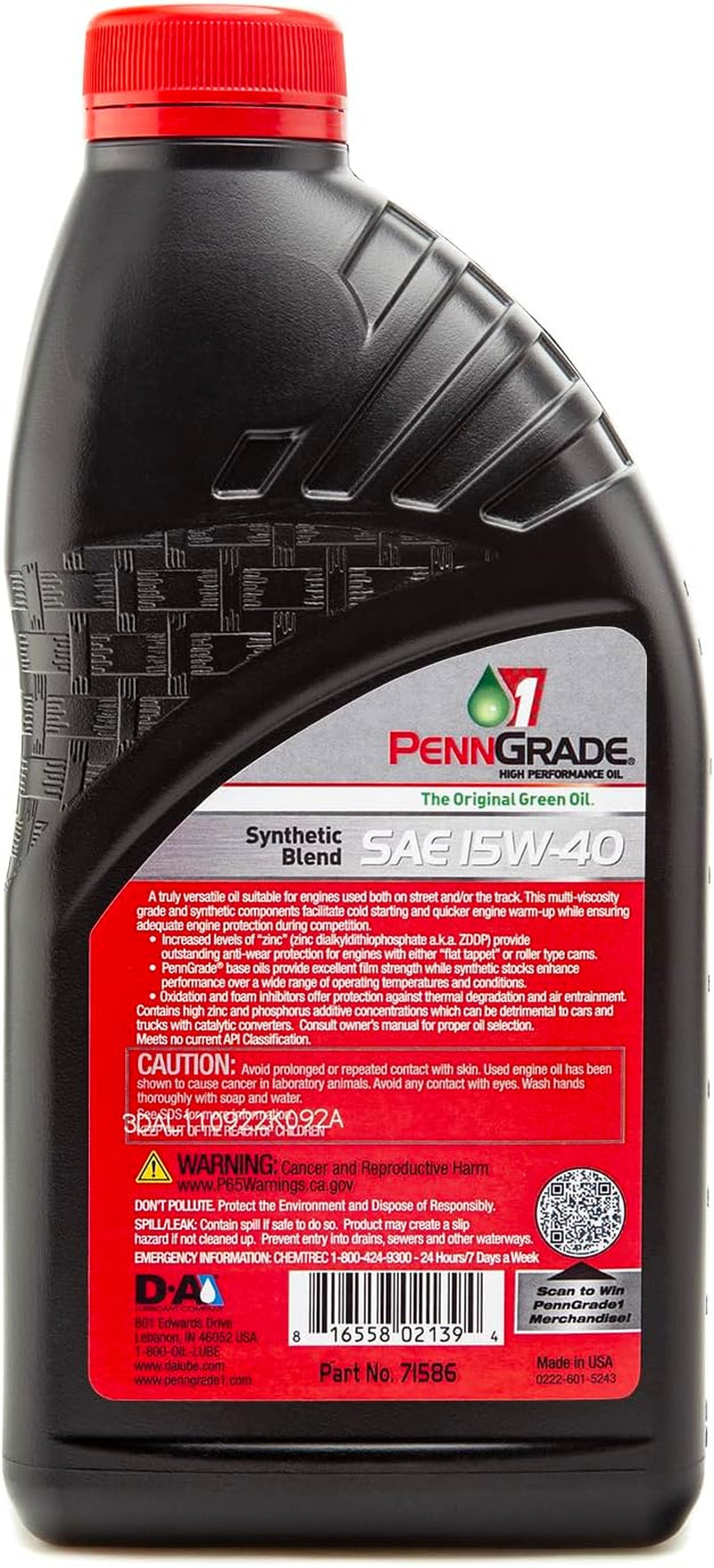 , 71586, Synthetic Blend High Performance Oil SAE 15W-40, 1 Quart (12 Pack)