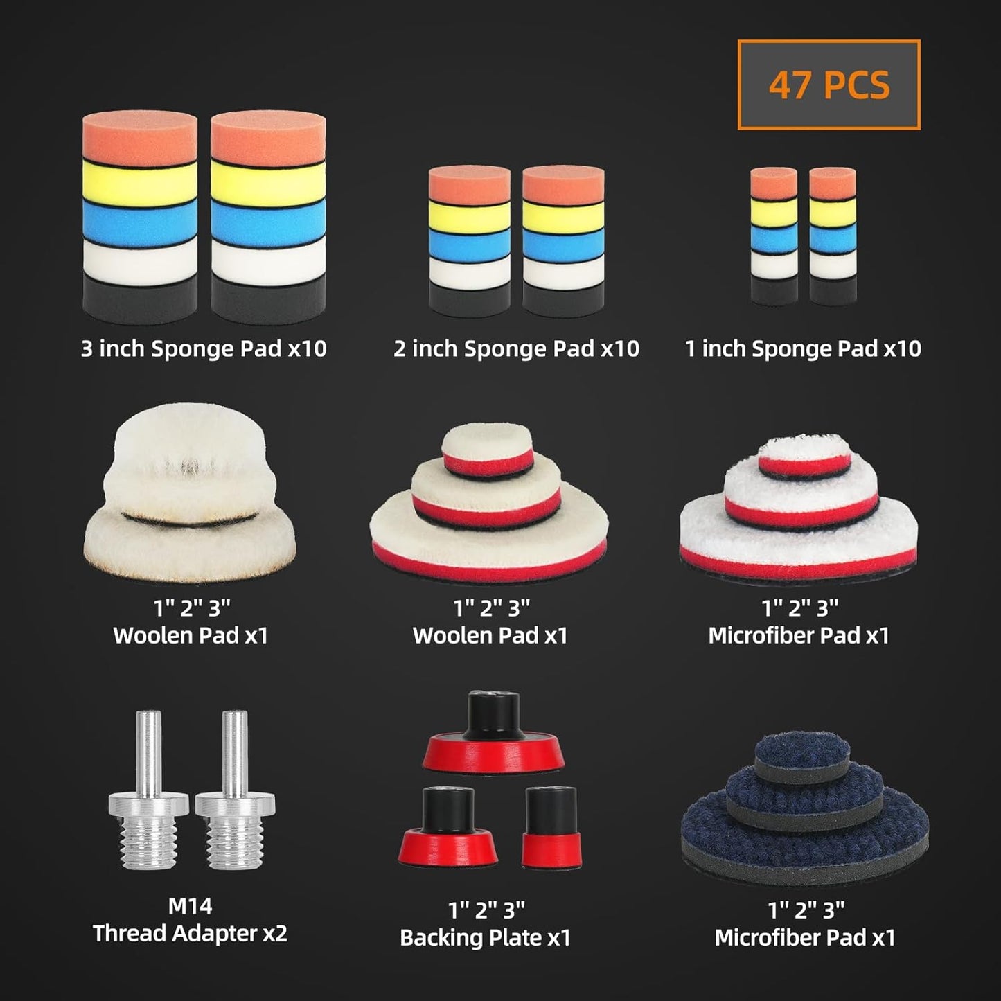 Car Buffing Pads for Drill Kit, 47Pcs 1Inch 2Inch 3Inch Polishing Pads, Mini Car Detailing Kit with M14 Thread Backing Pad & Adapters for Polishing, Buffing, Waxing