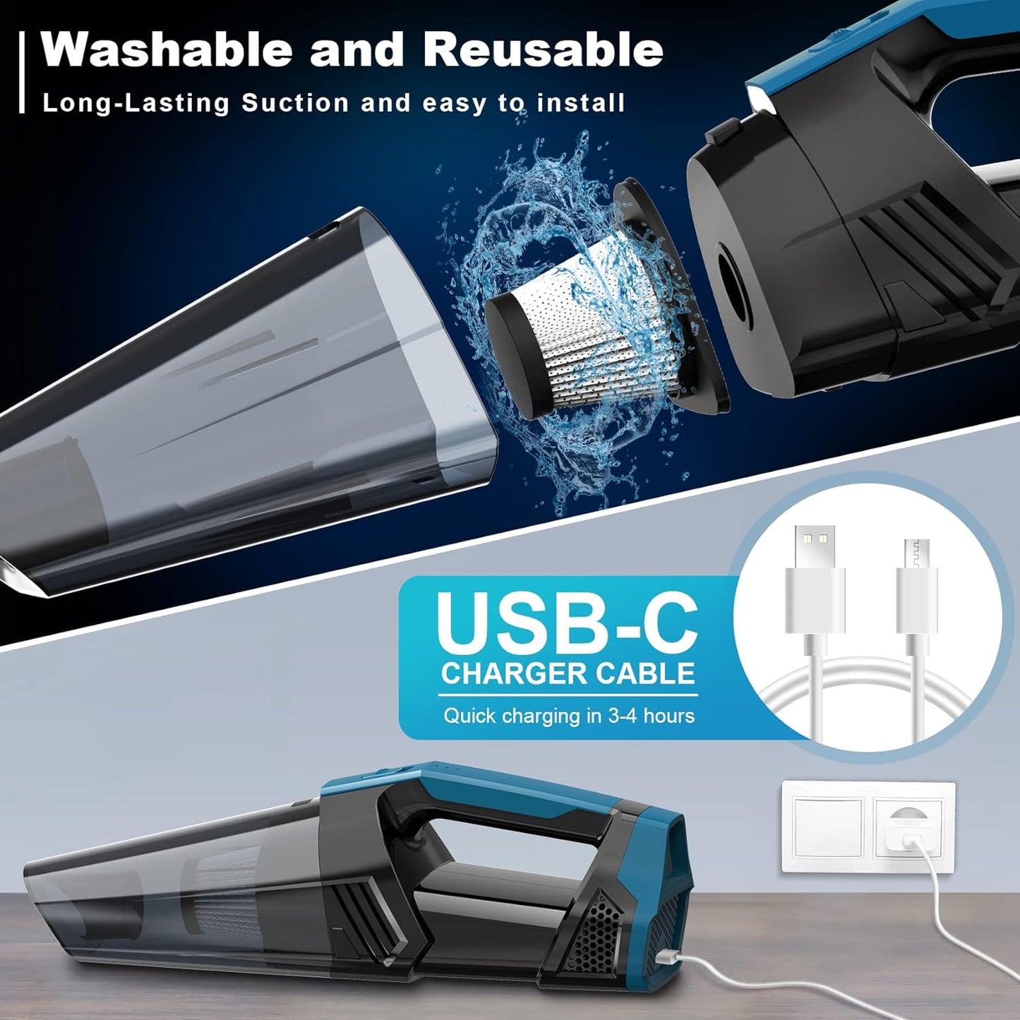 Handheld Vacuum Cordless Car Vacuum Portable with LED Light, High Power Suction, Lightweight Rechargeable Hand Vacuum, Hand Held Vacuum Cleaner for Car Home Office, Pet Hair, Black