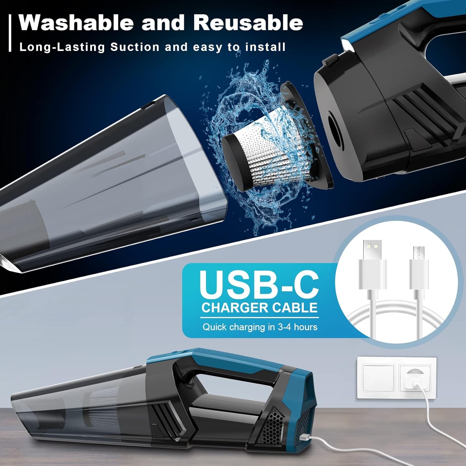 Handheld Vacuum Cordless Car Vacuum Portable with LED Light, High Power Suction, Lightweight Rechargeable Hand Vacuum, Hand Held Vacuum Cleaner for Car Home Office, Pet Hair, Black