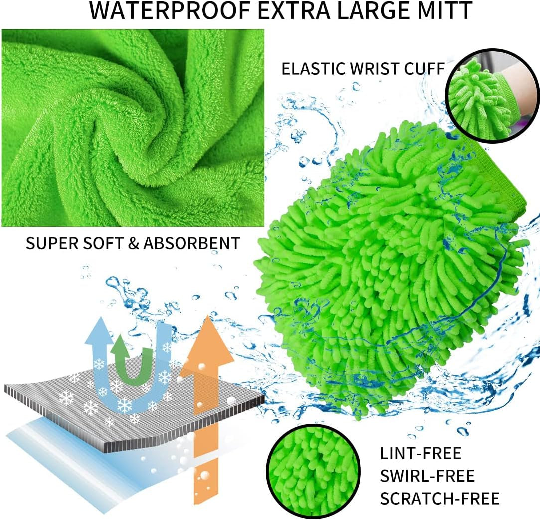 32Pcs Car Cleaning Kit, Car Wash Tool Kit for Exterior and Interior Care Cleaning, Include Chenille Microfiber Wash Mitt Sponge Towels Long Handle Brush Collapsible Bucket Detailing Brushes Set.Etc