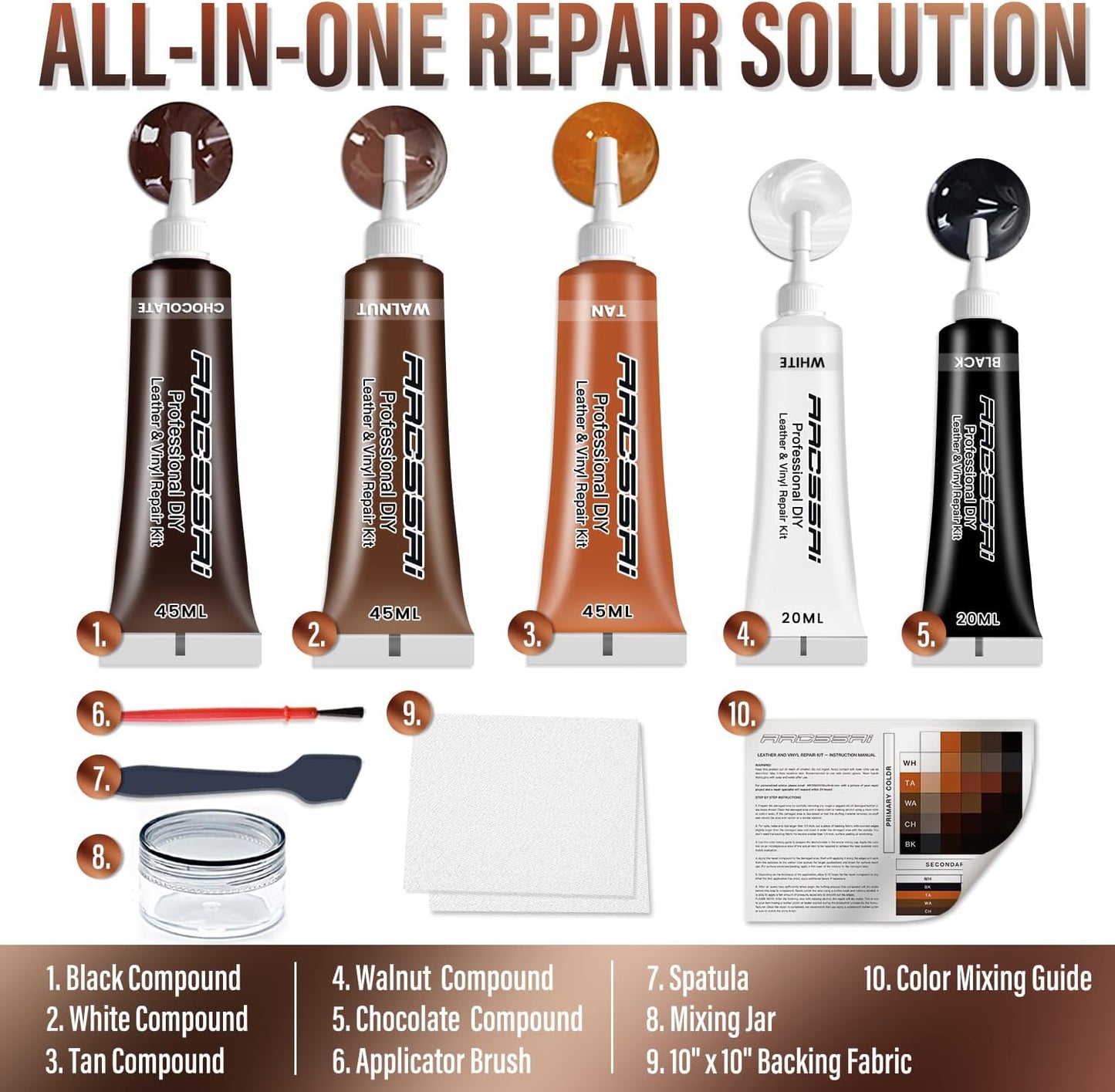 Brown Leather Repair Kit for Furniture, Leather Couch Repair Kit for Sofa, Jacket, Car Seats and Purse with Super Easy Instructions, Restores Any Material, Bonded, Pleather, Genuine