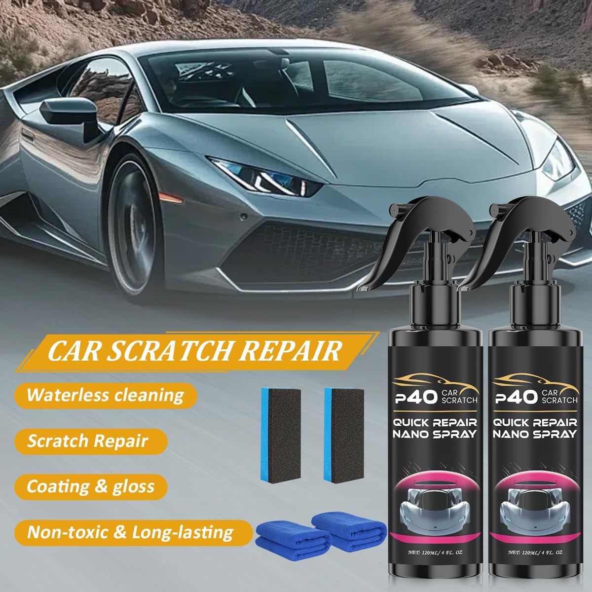 2 Pcs P40 Car Scratch Quick Repair Nano Spray, Instant Invisible Scratch Remover, Quick Paint Restoration, Long-Lasting Protection, Nano Car Scratch Remover for All Cars and Surfaces