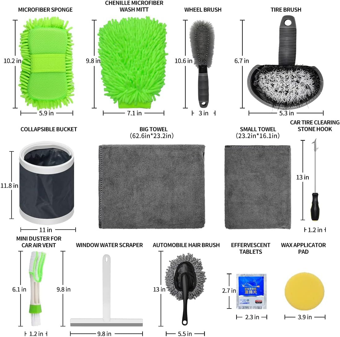 32Pcs Car Cleaning Kit, Car Wash Tool Kit for Exterior and Interior Care Cleaning, Include Chenille Microfiber Wash Mitt Sponge Towels Long Handle Brush Collapsible Bucket Detailing Brushes Set.Etc