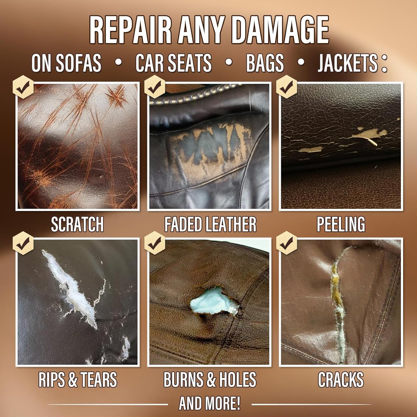 Brown Leather Repair Kit for Furniture, Sofa, Car Seat, Shoes, Purse, Leather Repair Kit for Super Easy Color Match, Fix Scratches, Tears, Fade, Holes on PU, Genuine & Pleather