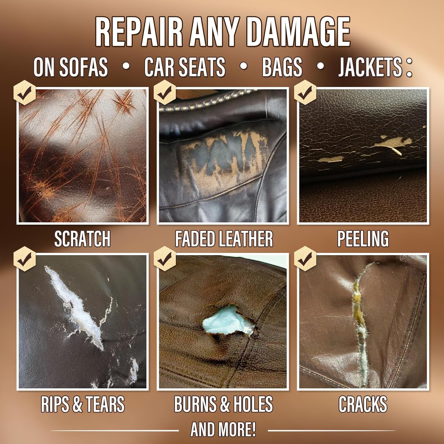 Brown Leather Repair Kit for Furniture, Sofa, Car Seat, Shoes, Purse, Leather Repair Kit for Super Easy Color Match, Fix Scratches, Tears, Fade, Holes on PU, Genuine & Pleather