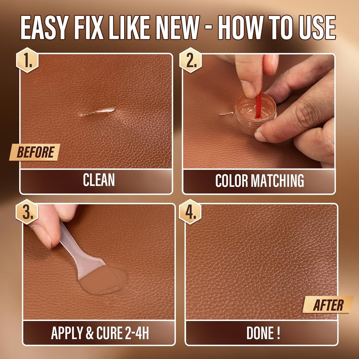 Brown Leather Repair Kit for Furniture, Sofa, Car Seat, Shoes, Purse, Leather Repair Kit for Super Easy Color Match, Fix Scratches, Tears, Fade, Holes on PU, Genuine & Pleather