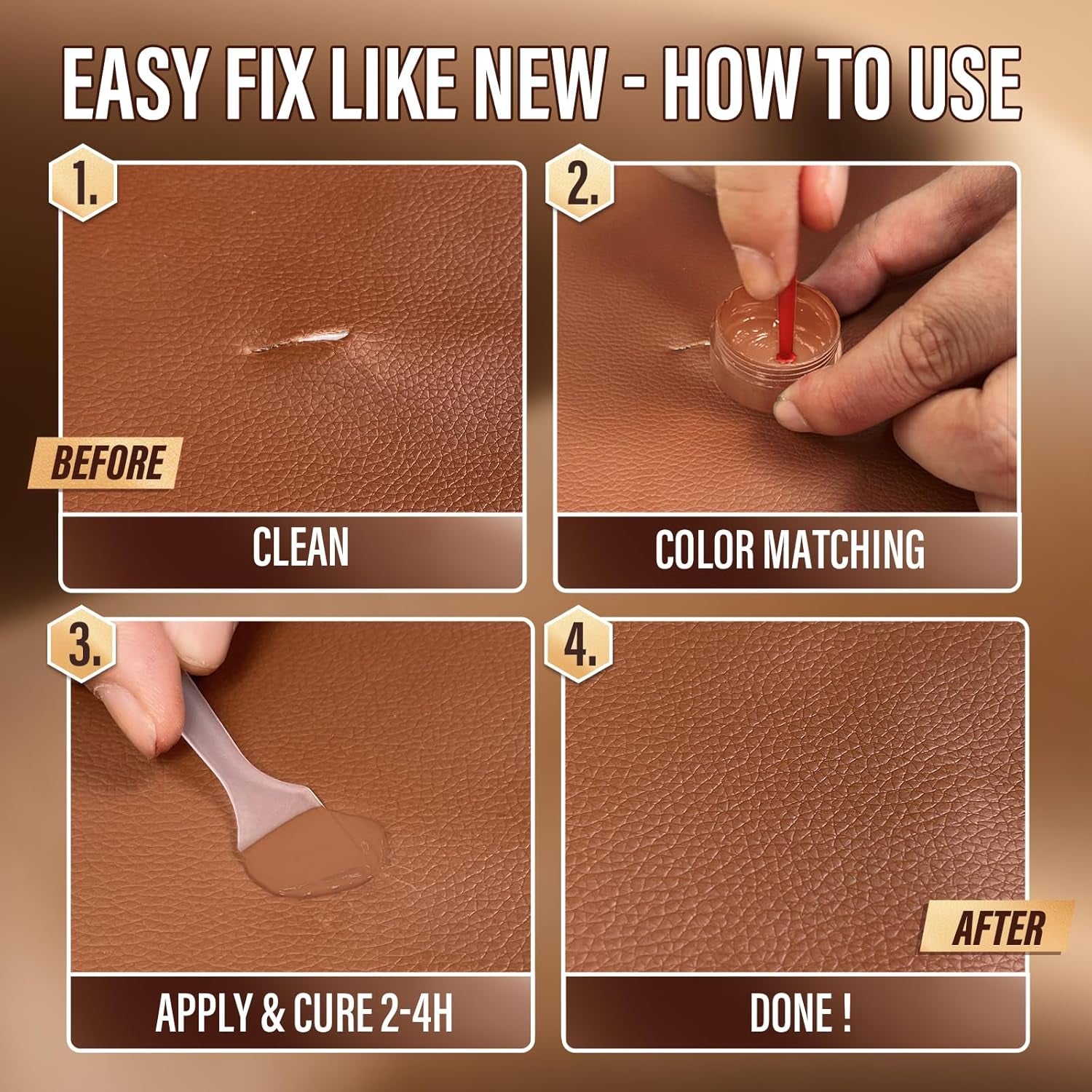 Brown Leather Repair Kit for Furniture, Sofa, Car Seat, Shoes, Purse, Leather Repair Kit for Super Easy Color Match, Fix Scratches, Tears, Fade, Holes on PU, Genuine & Pleather