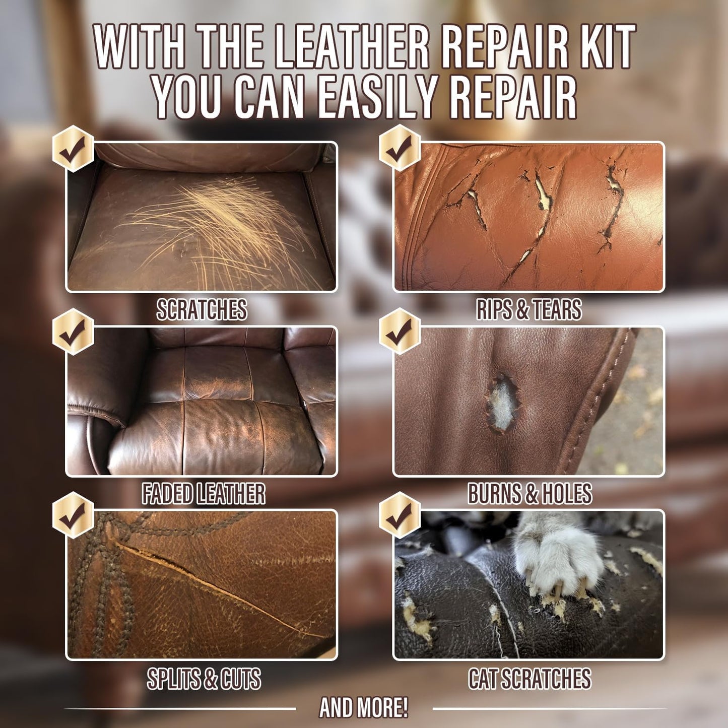 Brown Leather Repair Kit for Furniture, Leather Couch Repair Kit for Sofa, Jacket, Car Seats and Purse with Super Easy Instructions, Restores Any Material, Bonded, Pleather, Genuine