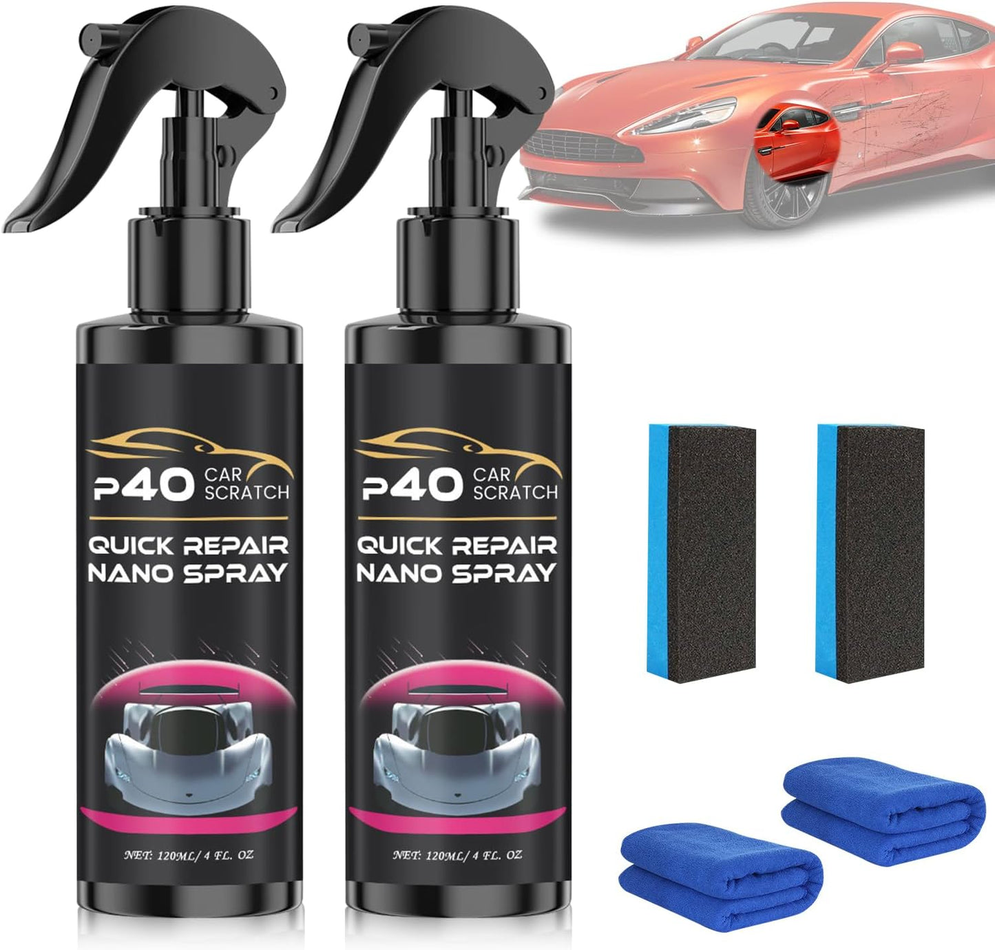 2 Pcs P40 Car Scratch Quick Repair Nano Spray, Instant Invisible Scratch Remover, Quick Paint Restoration, Long-Lasting Protection, Nano Car Scratch Remover for All Cars and Surfaces