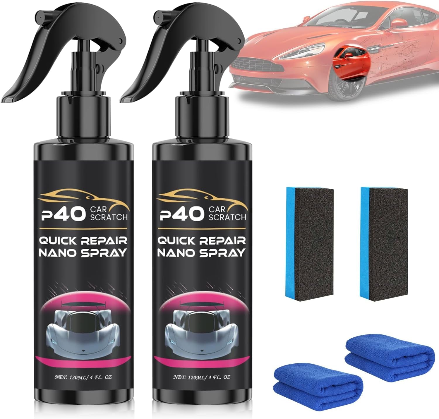 2 Pcs P40 Car Scratch Quick Repair Nano Spray, Instant Invisible Scratch Remover, Quick Paint Restoration, Long-Lasting Protection, Nano Car Scratch Remover for All Cars and Surfaces