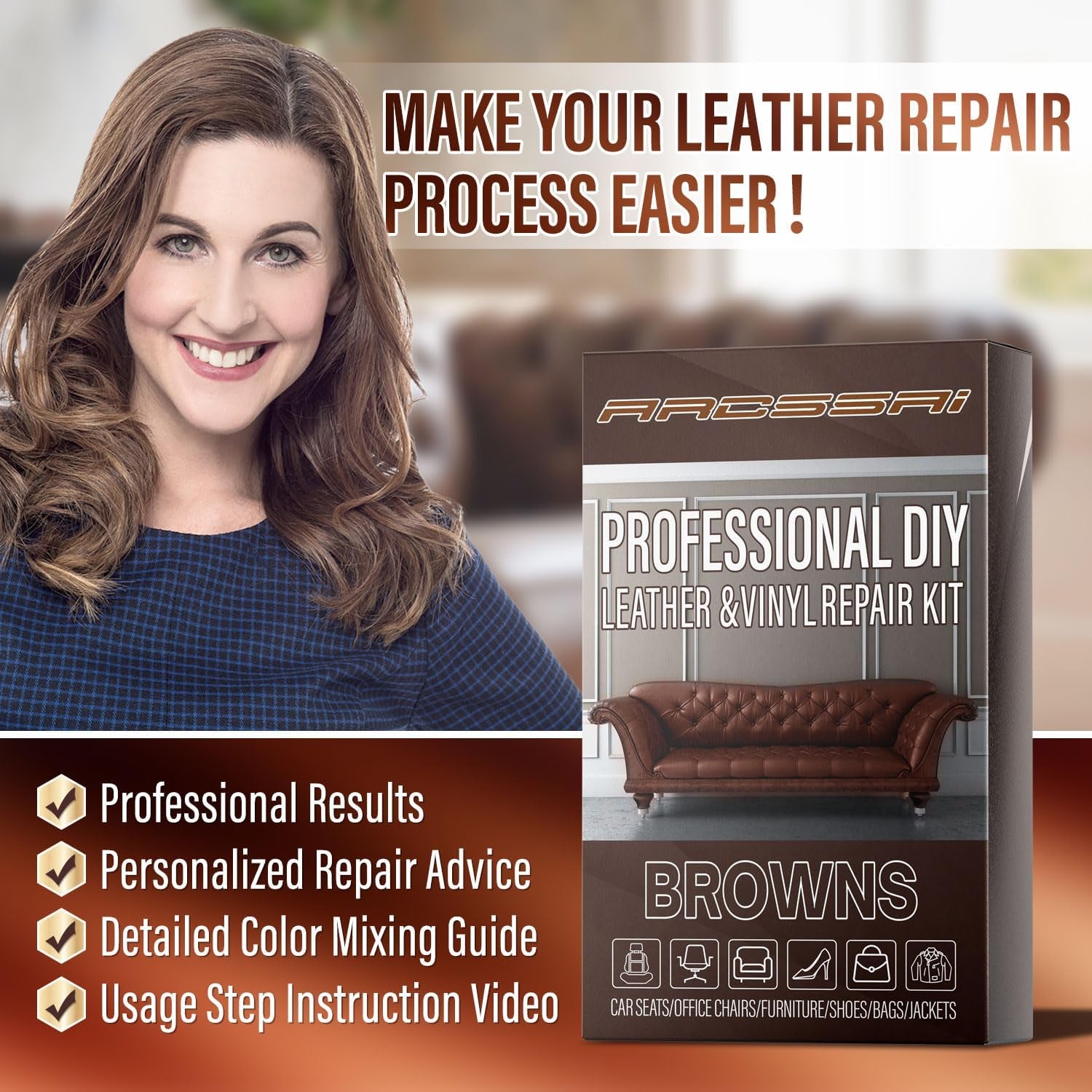 Brown Leather Repair Kit for Furniture, Leather Couch Repair Kit for Sofa, Jacket, Car Seats and Purse with Super Easy Instructions, Restores Any Material, Bonded, Pleather, Genuine