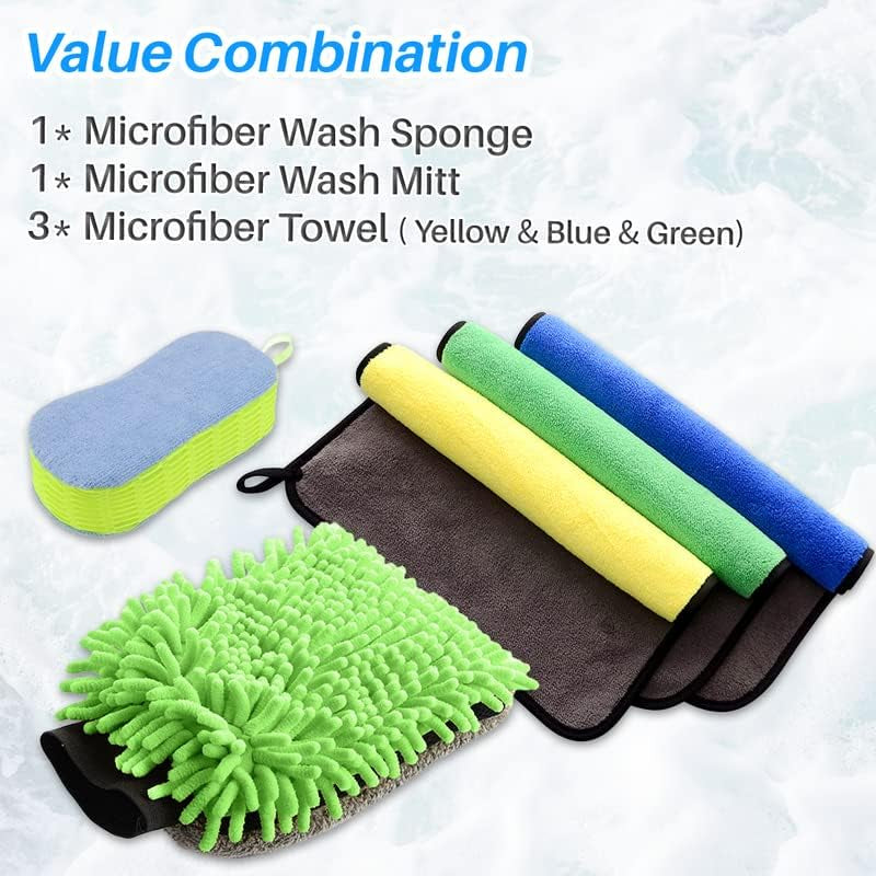 5 Pcs Car Detailing Tools Interior Car Wash Towel Microfiber Car Wash Sponge Mitt Set Scratch Free Premium for Air Vents Dashboard