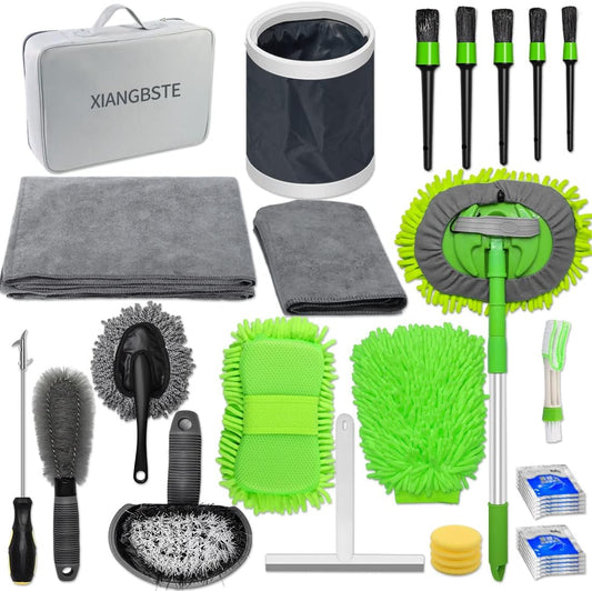 32Pcs Car Cleaning Kit, Car Wash Tool Kit for Exterior and Interior Care Cleaning, Include Chenille Microfiber Wash Mitt Sponge Towels Long Handle Brush Collapsible Bucket Detailing Brushes Set.Etc