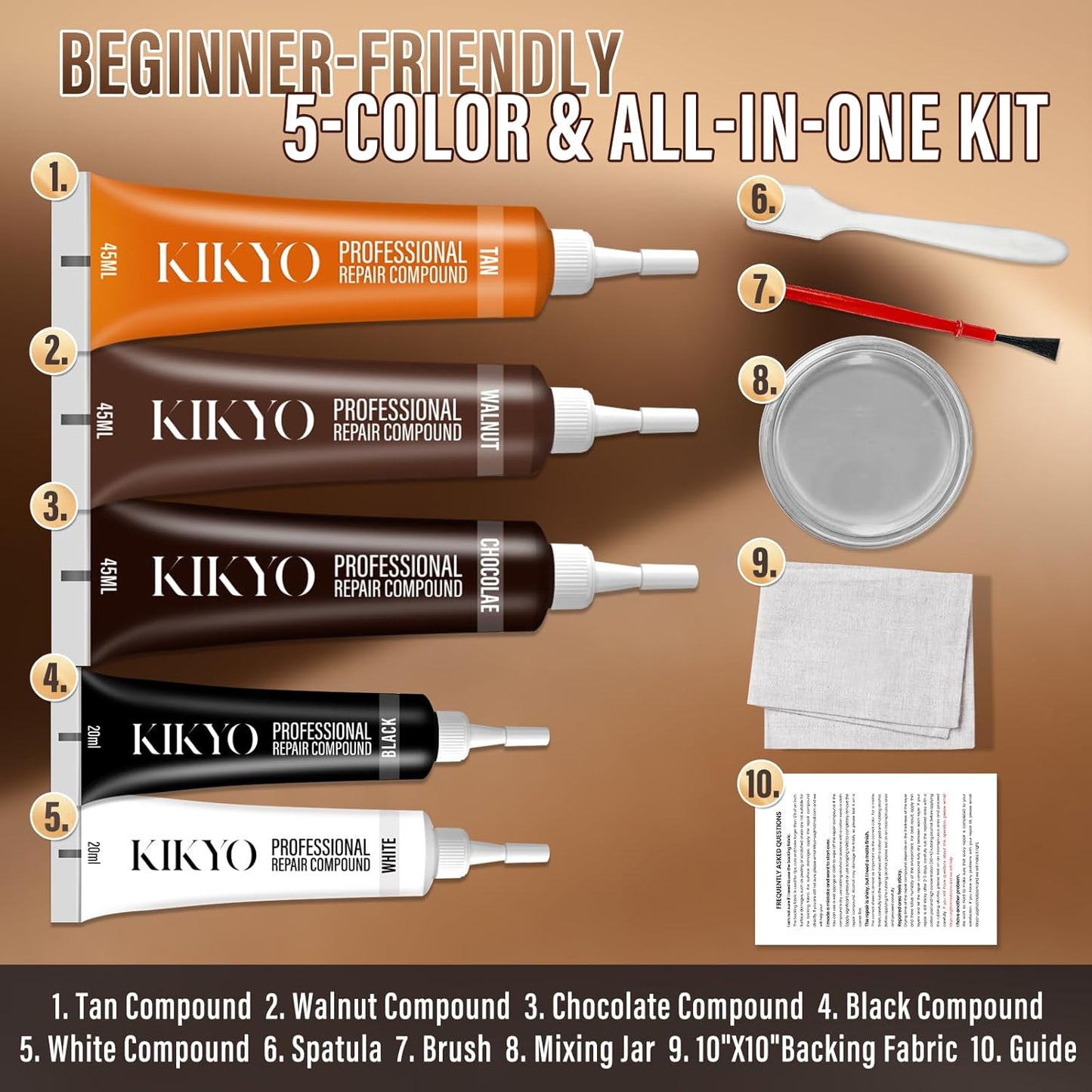 Brown Leather Repair Kit for Furniture, Sofa, Car Seat, Shoes, Purse, Leather Repair Kit for Super Easy Color Match, Fix Scratches, Tears, Fade, Holes on PU, Genuine & Pleather