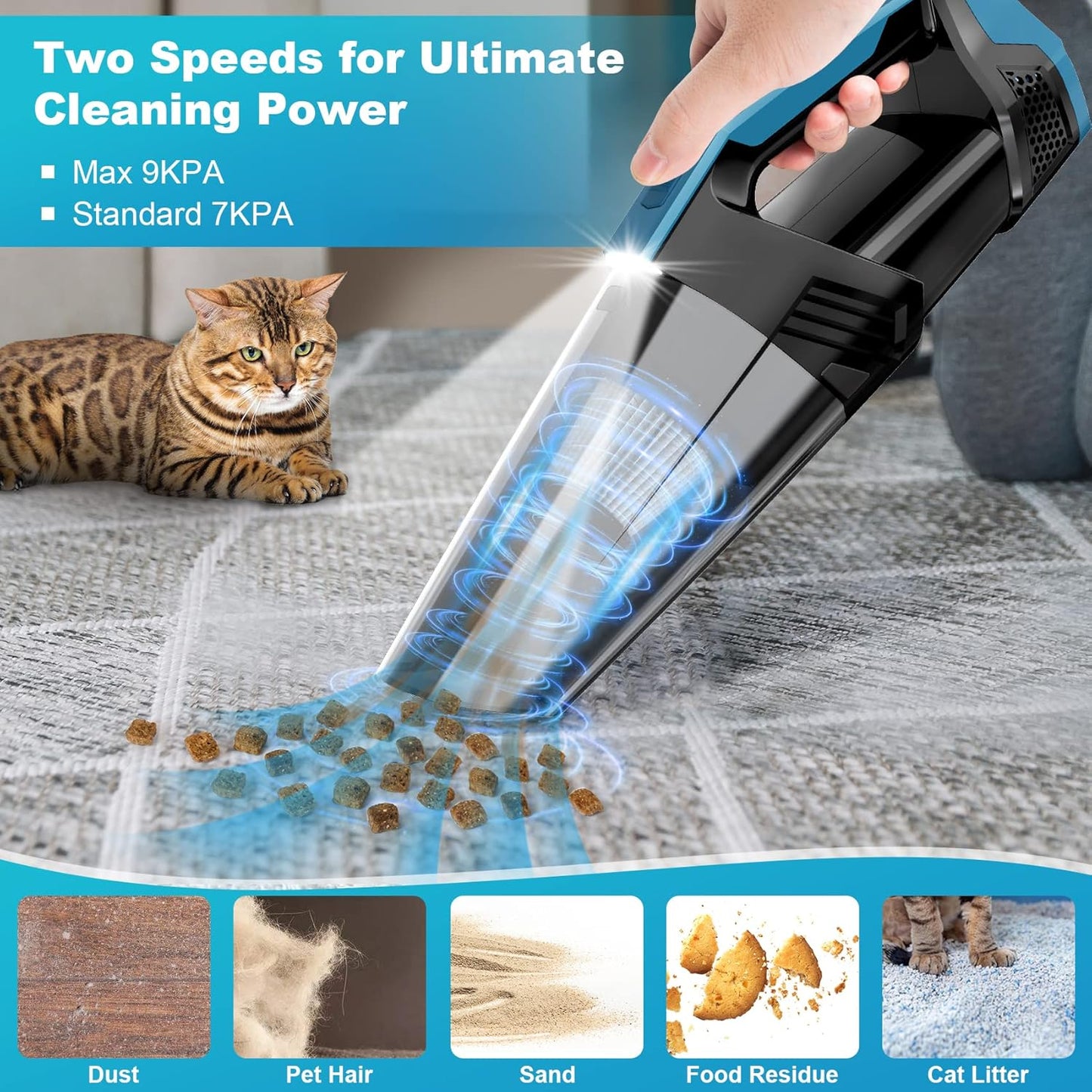 Handheld Vacuum Cordless Car Vacuum Portable with LED Light, High Power Suction, Lightweight Rechargeable Hand Vacuum, Hand Held Vacuum Cleaner for Car Home Office, Pet Hair, Black