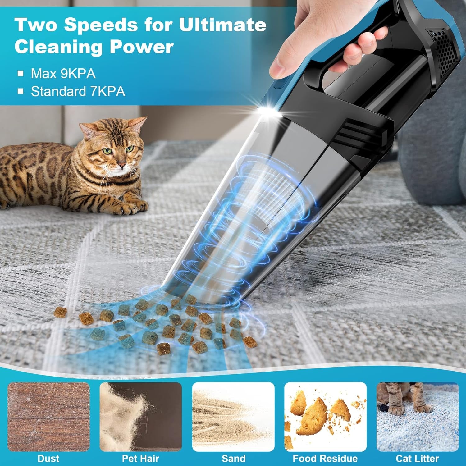 Handheld Vacuum Cordless Car Vacuum Portable with LED Light, High Power Suction, Lightweight Rechargeable Hand Vacuum, Hand Held Vacuum Cleaner for Car Home Office, Pet Hair, Black