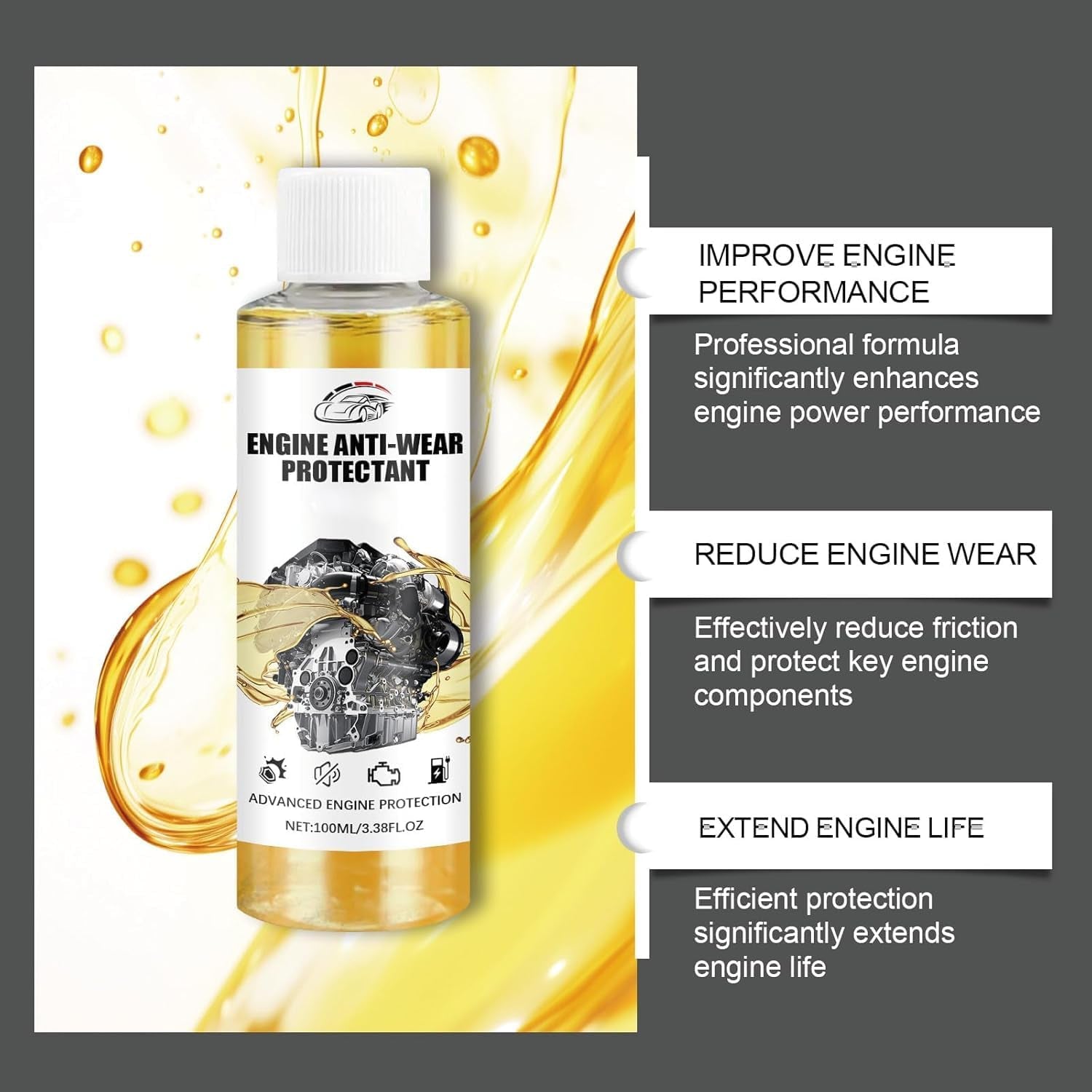 Anti-Friction Engine Performance Additive, Engine Anti-Wear Protective Agent, Highly Effective Engine Anti-Wear Protectant, Transmission Fluid Additive for Car, Noise Reduction and Shaking Cure (*3)