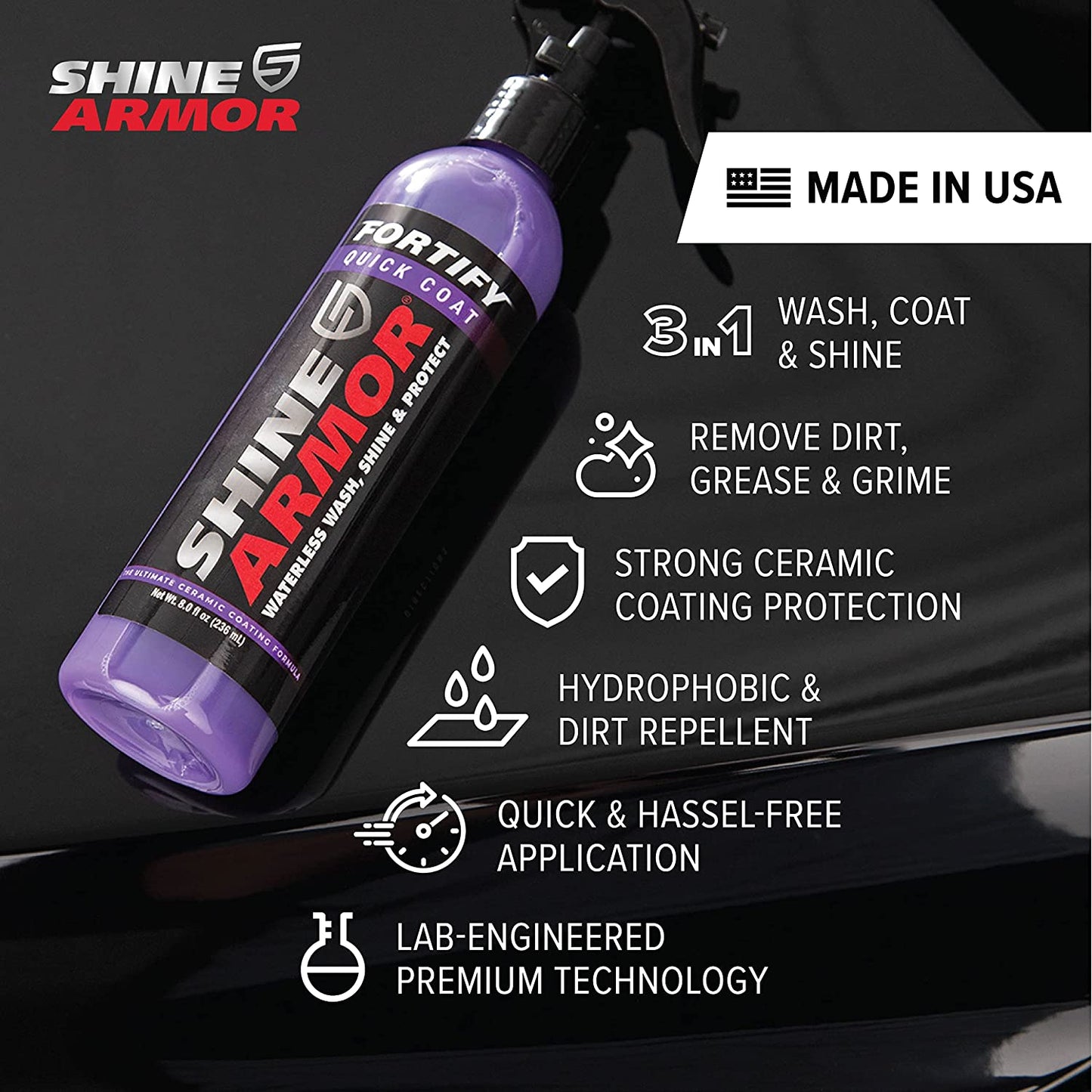 Fortify Quick Coat – 3-In-1 Ceramic Coating Spray (8Oz) | Waterless Wash, Shine & Protection | Streak-Free, Hydrophobic Car Wax for Paint & Trim
