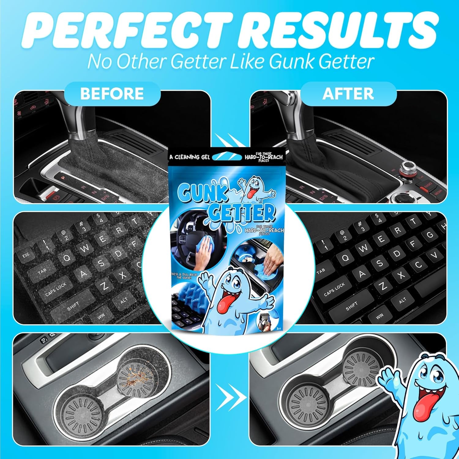 , Cleaning Gel for Those Hard to Reach Places, Automotive Cup Holder Electronic Keyboard Office, Slime Gel Cleaner Dust Crumb Removal (Resealable Pouch, Blue, 3Oz)
