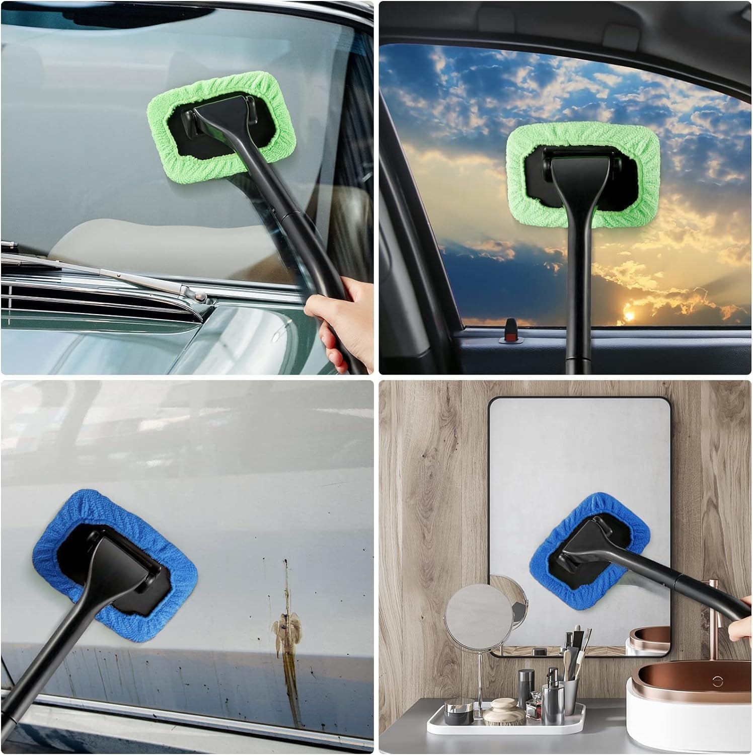 Windshield Cleaning Tool Windshield Cleaning Wand Auto Window Cleaner,5 Pieces Reusable Cloth Pads for Car Interior, Dirty Car Washing Brushes (Green)
