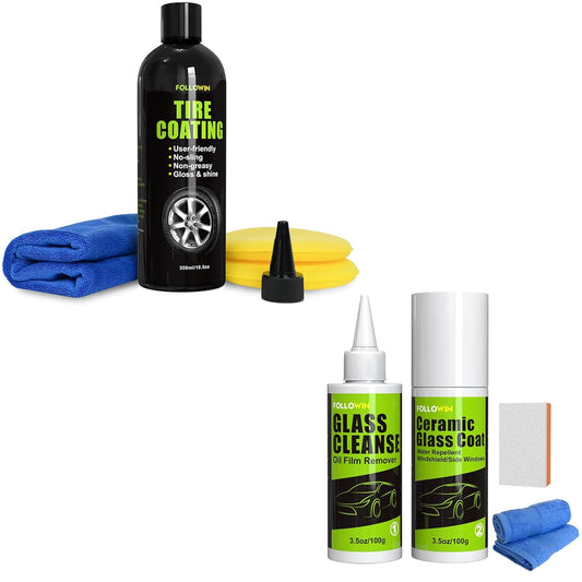 Glass Care Kit,Ceramic Coating for Glass,Hydrophobic Sio2 Windshield Coating,User Friendly Ceramic Tire Coating,Shine Tire Dressing,Tire Coat Spray Safe on Rubber,Vinyl and Plastic
