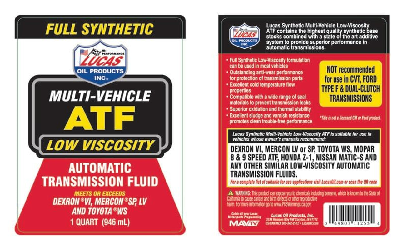 11255 Low Viscosity Synthetic Multi-Vehicle Automatic Transmission Fluid - 1 Quart (Pack of 6)