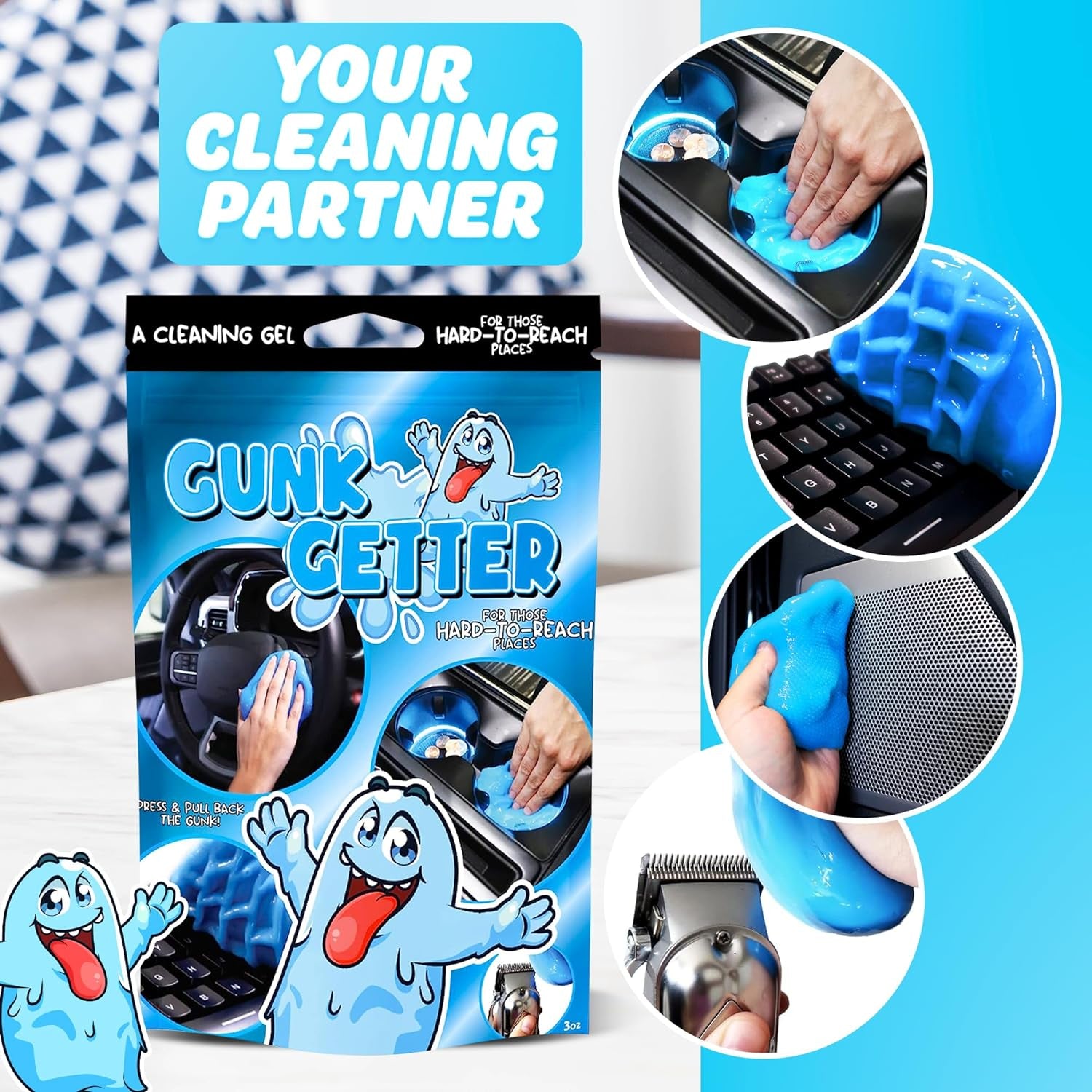 , Cleaning Gel for Those Hard to Reach Places, Automotive Cup Holder Electronic Keyboard Office, Slime Gel Cleaner Dust Crumb Removal (Resealable Pouch, Blue, 3Oz)