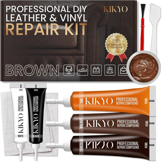 Brown Leather Repair Kit for Furniture, Sofa, Car Seat, Shoes, Purse, Leather Repair Kit for Super Easy Color Match, Fix Scratches, Tears, Fade, Holes on PU, Genuine & Pleather