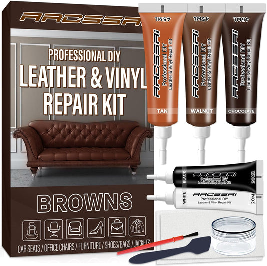 Brown Leather Repair Kit for Furniture, Leather Couch Repair Kit for Sofa, Jacket, Car Seats and Purse with Super Easy Instructions, Restores Any Material, Bonded, Pleather, Genuine