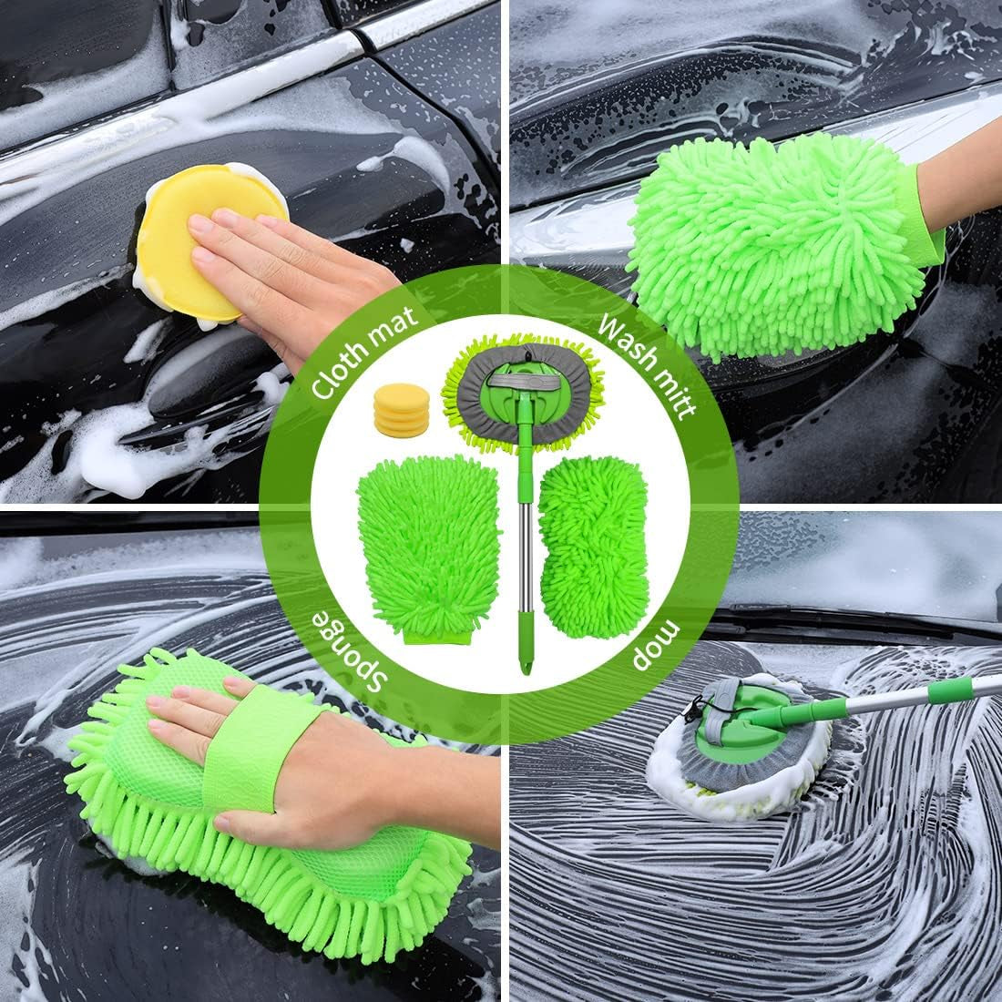32Pcs Car Cleaning Kit, Car Wash Tool Kit for Exterior and Interior Care Cleaning, Include Chenille Microfiber Wash Mitt Sponge Towels Long Handle Brush Collapsible Bucket Detailing Brushes Set.Etc