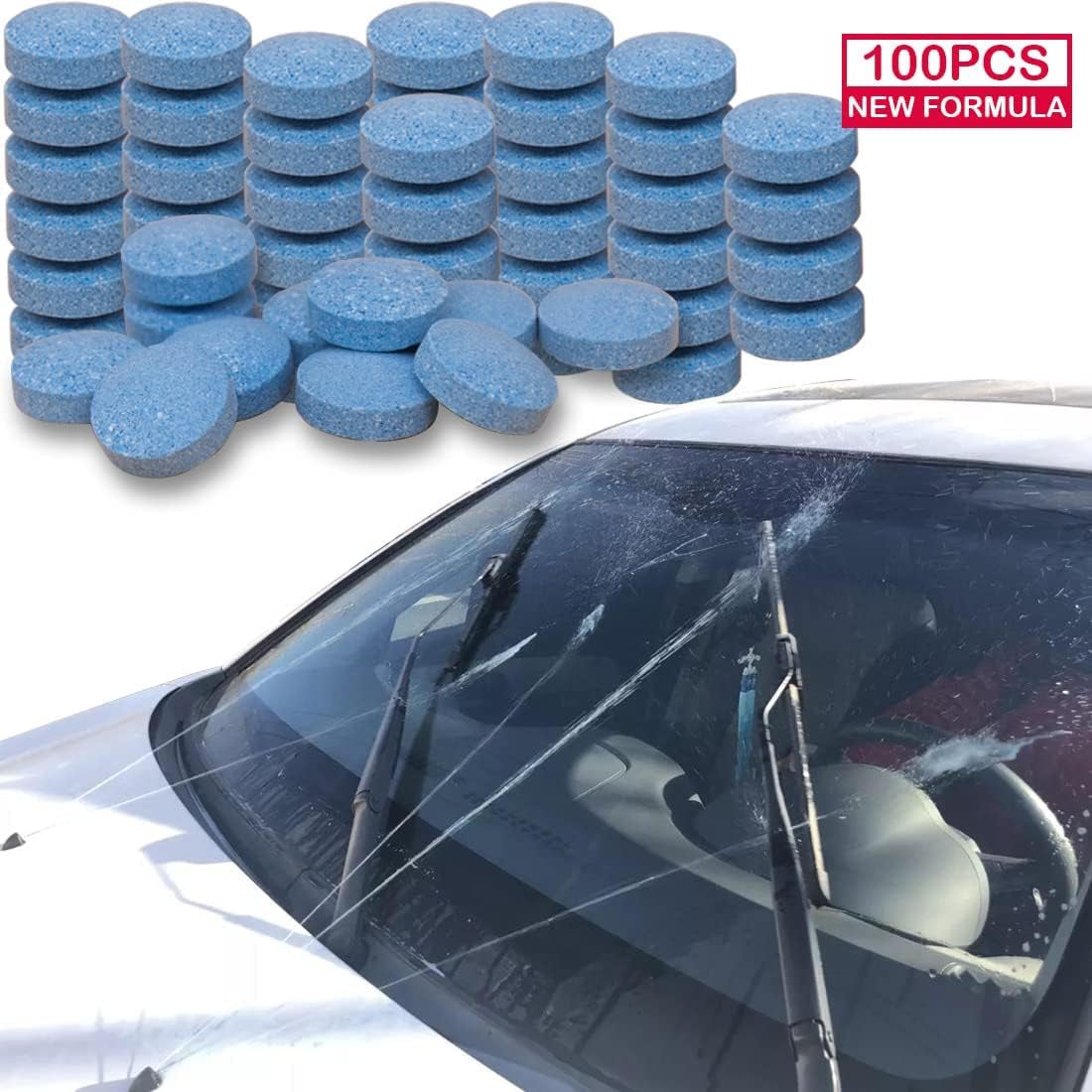 100 Pieces Car Windshield Washer Fluid Concentrated Clean Tablets,New Formula Windshield Wiper Fluid Solid Effervescent Tablet.Remove Glass Stains,Clear Vision(Use with De-Icer or Methanol for Winter)